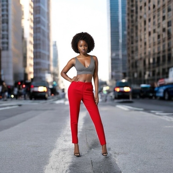 Women’s Pants CALVIN KLEIN Red Mid Rise Gold Button Back Accent Straight Pants - Picture 1 of 5